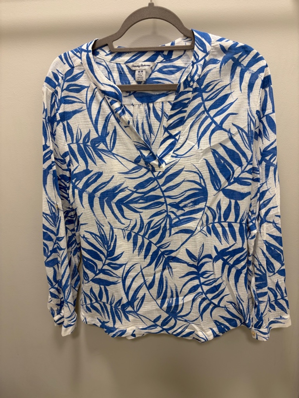 Tommy Bahama White Tunic Top with Blue Leaf Print